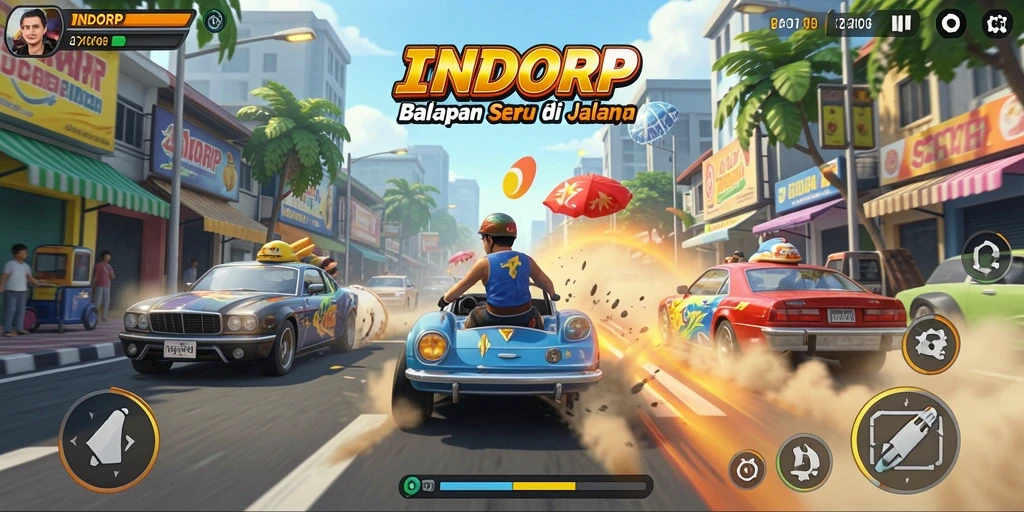 Tampilan gameplay seru dalam balapan INDORP di jalanan.