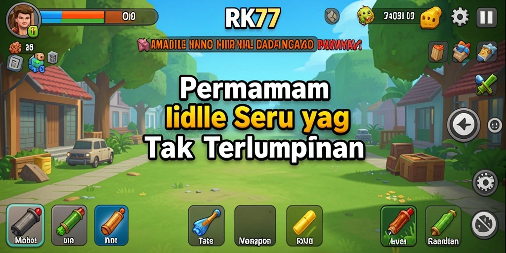 Screenshot gameplay RK77 menunjukkan kemajuan karakter dalam permainan Idle.