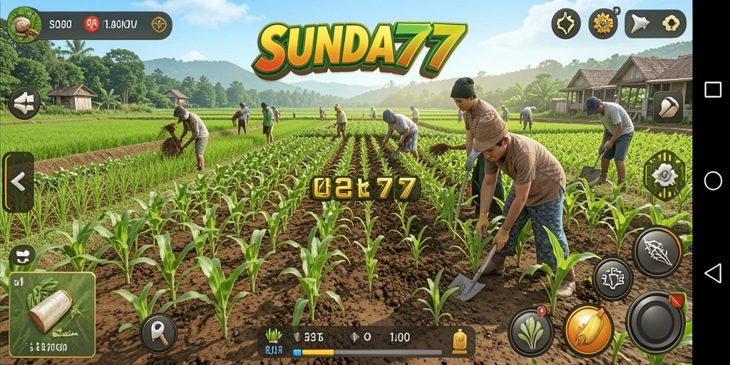Screenshot SUNDA777 menampilkan kegiatan bertani yang menyenangkan dan interaksi sosial.